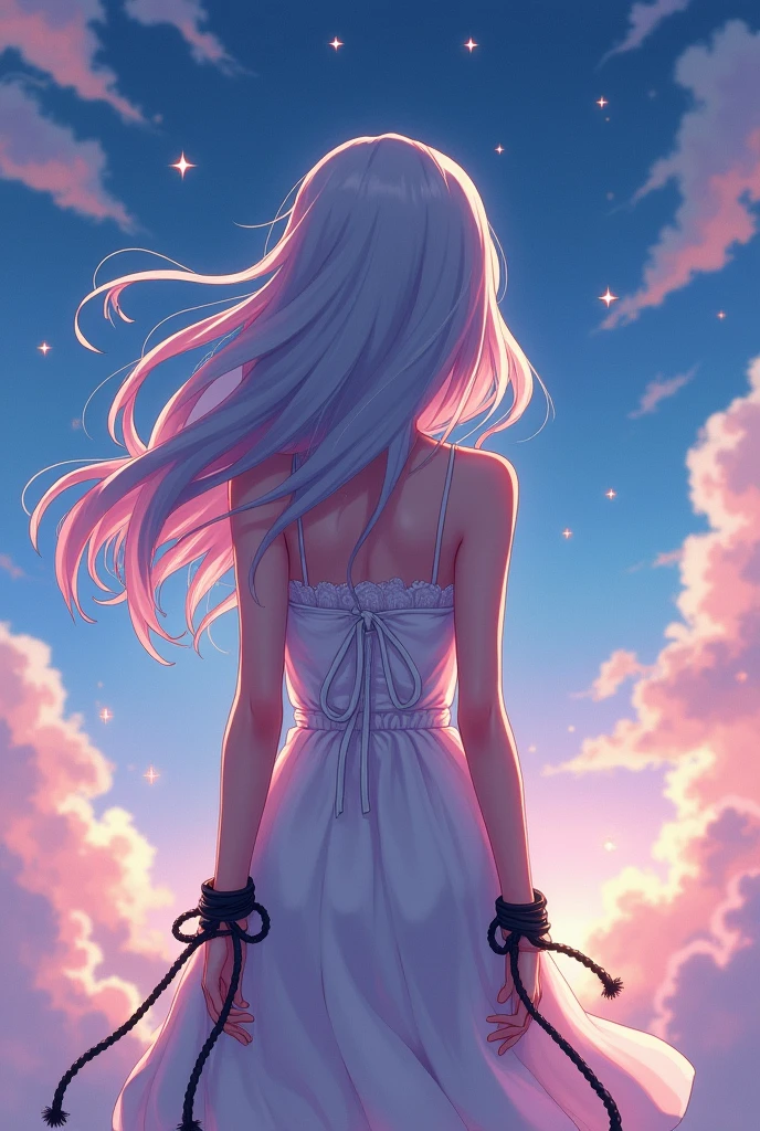 Anime girl  wrists tied up with ropes view from behind
(Horny)
