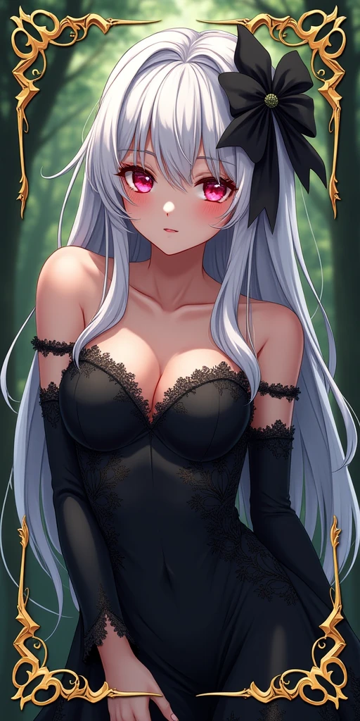 (best quality, ultra-detailed, photorealistic: 1.39), bright and vibrant colors, studio lighting, romantic expression, An effeminate girl, with a delicate and beautiful face. a card game card, with golden edges on the card, duel card, yu-gi-oh card style, a beautiful witch with fanciful clothes, sexy black dress, she has big round breasts, evil sexy smile, sparkling red eyes, white hair, forest background, she is in love, anime style, Anime Girl