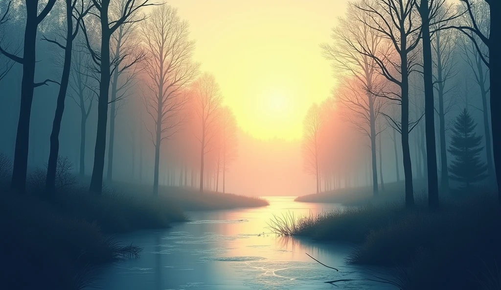 a minimalist vector art painting in the style of a watercolor painting of a forest with sun, an open view of a stream and the horizon with soft rainbow-colored rays permeating the sky, detailed landscape, beautiful detailed lighting, muted colors, serene, peaceful, (best quality,4k,8k,highres,masterpiece:1.2),ultra-detailed,(realistic,photorealistic,photo-realistic:1.37),intricate details,natural scenery,forest landscape,outdoor scene,sunlight rays,rainbow colors,stream,horizon,muted palette,soft lighting,atmospheric,tranquil,calming