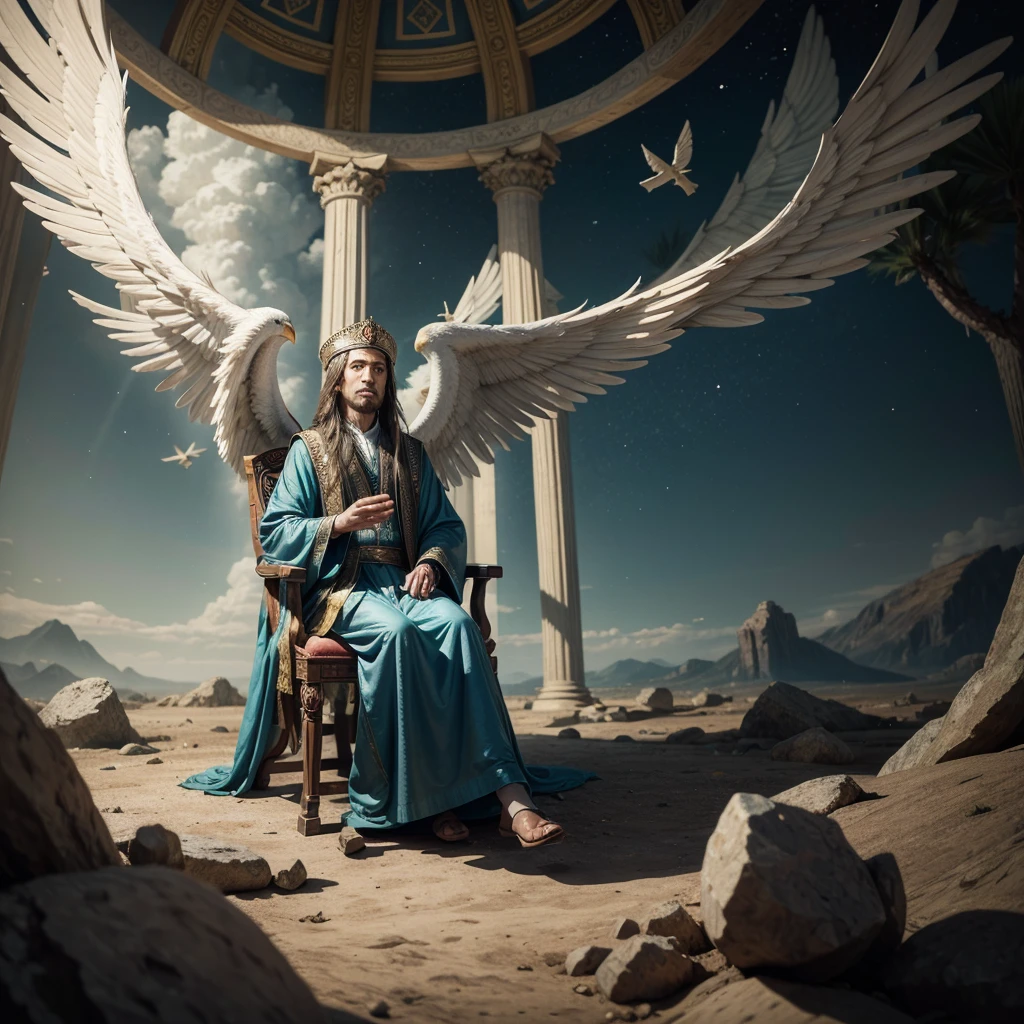 Create a majestic picture of the prophet Isaiah's vision, where he sees the Lord seated on a throne high and exalted. The scene is full of seraphim flying around