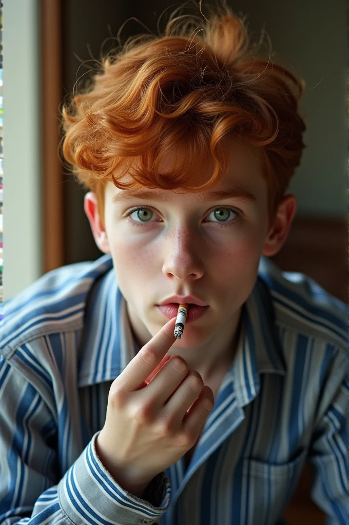 Red-brown haired teenager in a fine blue and white striped shirt smokes a cigarette, realistic depiction