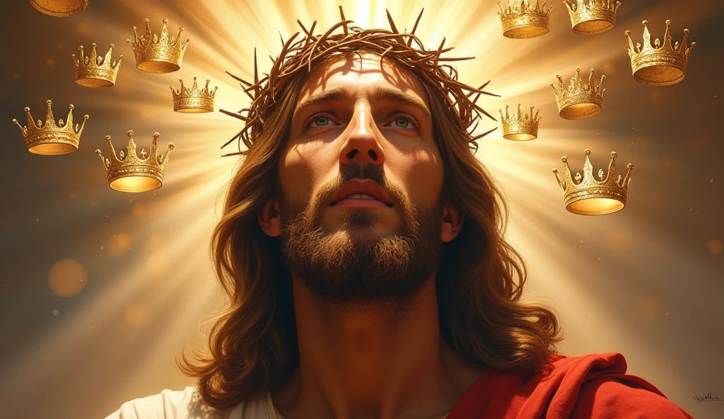 Jesus with a crown of thorns on his head, JesusChrist, the lord and savior, portrait of JesusChrist, Jesus of Nazareth, brilliant light masterpiece, jesus, greg olsen, king of kings, beautiful image already created, Bright halo above your head, sua mente contemplando a eternidade, glorious light, many crowns!! in his head