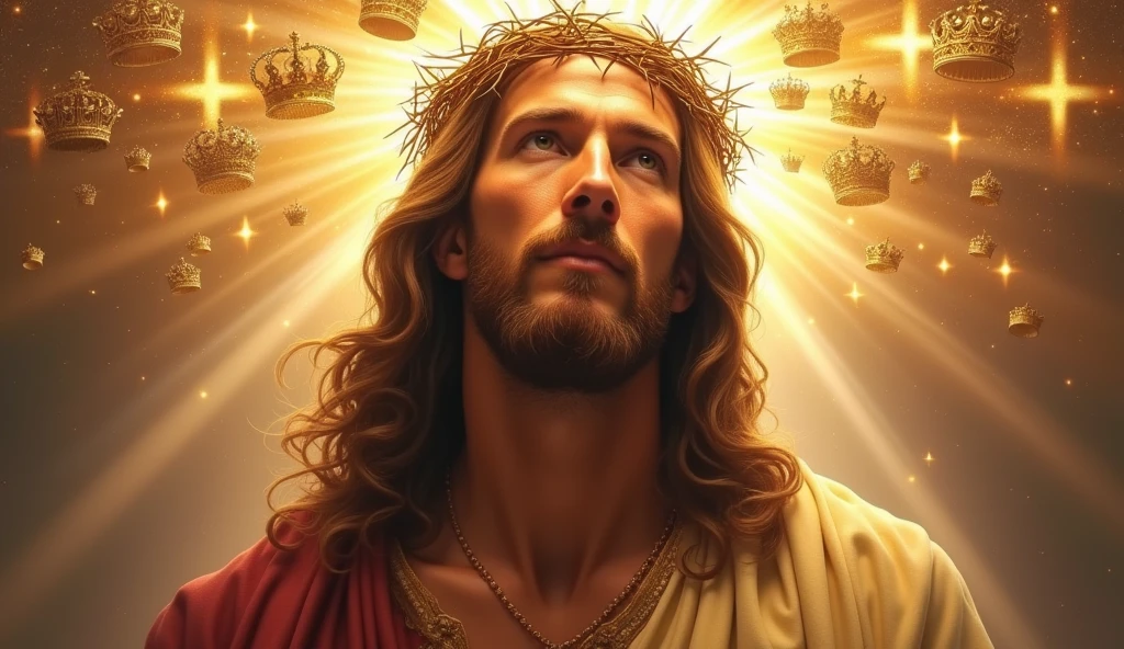 Jesus with a crown of thorns on his head, JesusChrist, the lord and savior, portrait of JesusChrist, Jesus of Nazareth, brilliant light masterpiece, jesus, greg olsen, king of kings, beautiful image already created, Bright halo above your head, sua mente contemplando a eternidade, glorious light, many crowns!! in his head
