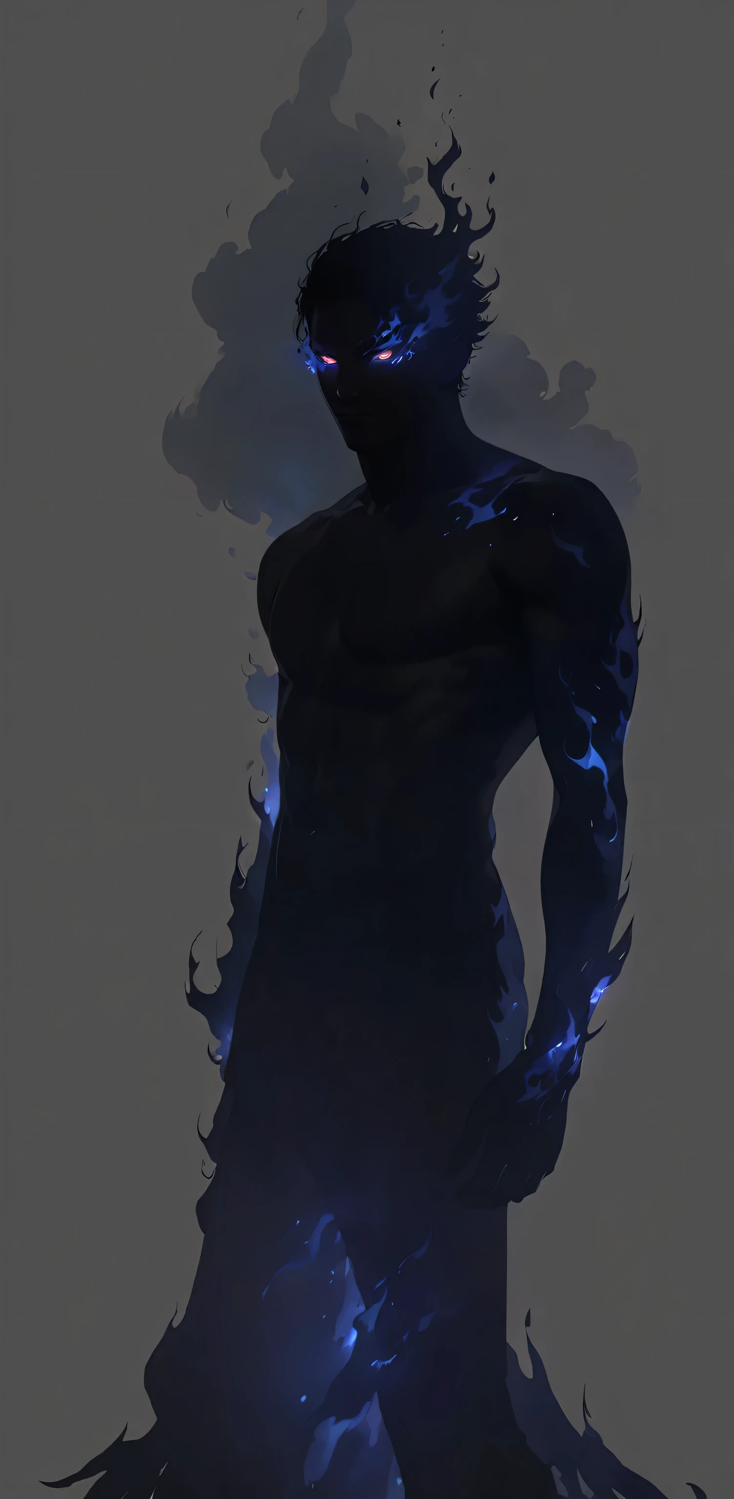 beautiful illustration, ultra-detailed, masterpiece, male man, black human silhouette, black flame, glowing eyes