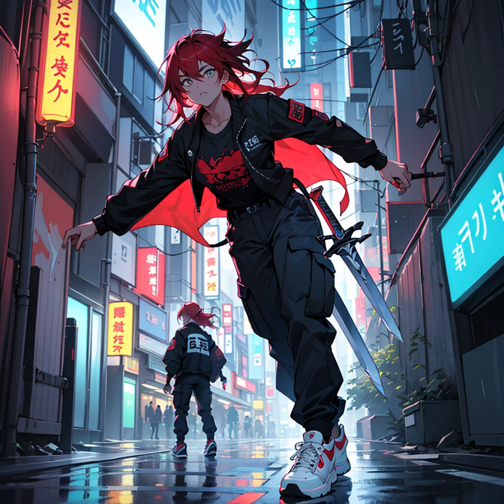 ((best qualityer)), ((work of art)), (detailded), woman with a huge sword, blue electric powers ,Open black jacket, under t-shirt branca,black cargo pants ,White sneakers ,Long red hair , neon night in tokyo raining