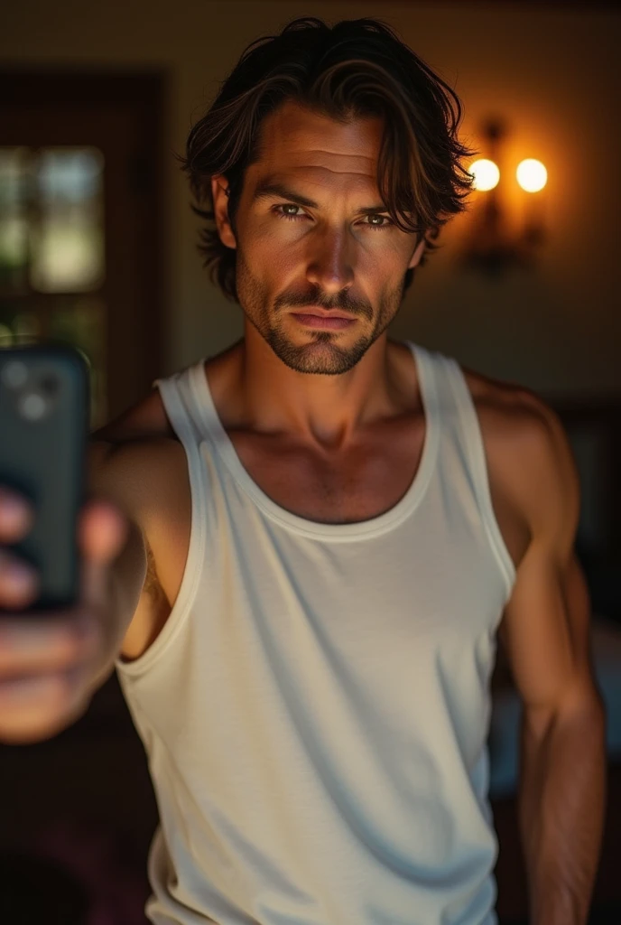 Handsome Sam Winchester (Jared Padalecki), Wearing a white tank top showing muscular arms, serious face, selfie 
