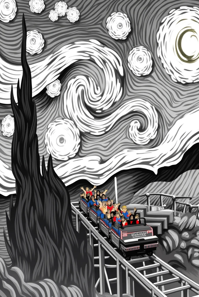 I want a polaroid design of a roller coaster making a turn with Van Gogh's starry night in a linear 2d black and white style