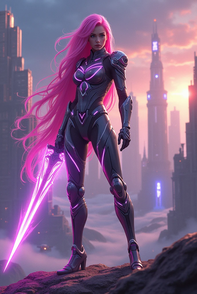 create a female character, warrior with long, bright pink hair.. futuristic warrior foupa