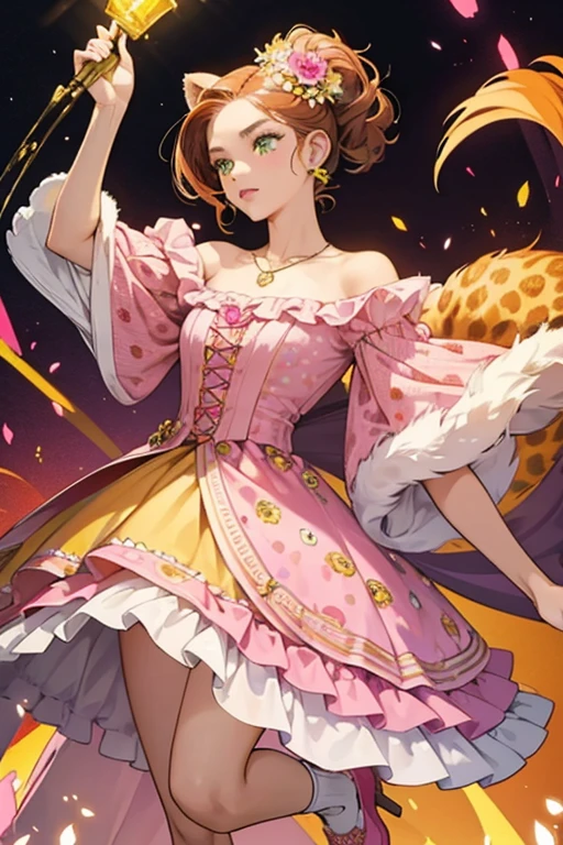 Cherish Cheetah has tan skin with cheetah spots on her forehead and cheeks, green eyes, a black nose, whiskers, orange lips, and brown eyebrows. Her caramel hair hangs around her cheetah ears and down to her hips. She has a long cheetah tail. She wears a pink dress with cheetah spots on it. The bodice has a strip down the middle that is covered in green, orange, pink, yellow, and blue flowers. The skirt portion of the dress has the same pattern as the bodice and the same color of flowers scattered across the skirt. The look is augmented by an orange fur stole. She wears pink shoes with cheetah pattern molded in the shoes and pink socks. She has yellow flower molded onto her left ear and a necklace made of gems painted onto her bodice. SPARKLE; GLITTER