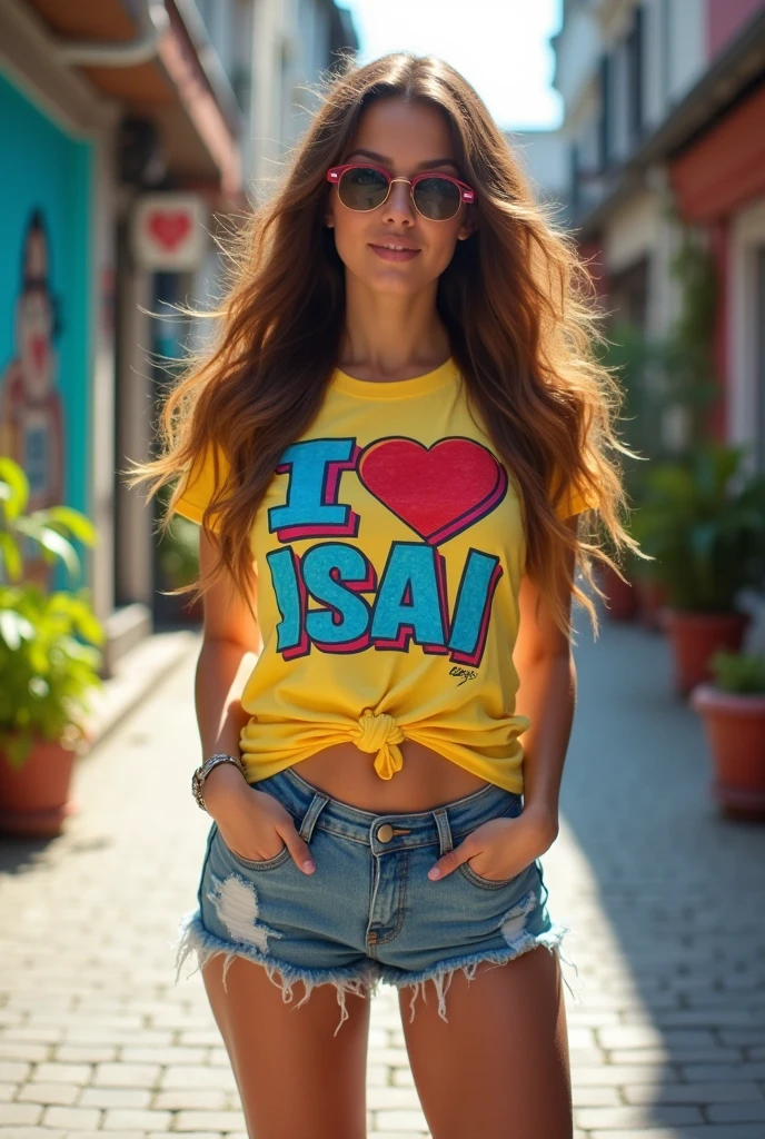 Woman with a shirt that says I love Isai