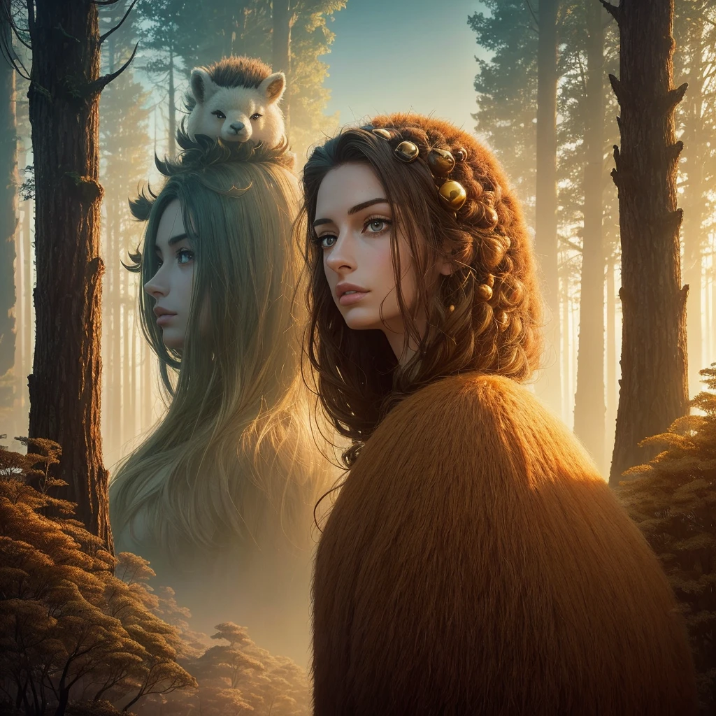 golden hour, paranormal activities, surreal illustration of a gigantic head of a beautiful young woman with face of Janina Porazińska morphed with Anne Hathaway with gigantic hairdo made of alpaca hedgehog and other animals, a colorful cyber forrest with weird trees,  color pencil art in cyberpunk style of zdzisław beksiński