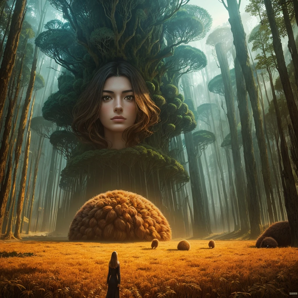golden hour, paranormal activities, surreal illustration of a gigantic head of a beautiful young woman with face of Janina Porazińska morphed with Anne Hathaway with gigantic hairdo made of alpaca hedgehog and other animals, a colorful cyber forrest with weird trees,  color pencil art in cyberpunk style of zdzisław beksiński