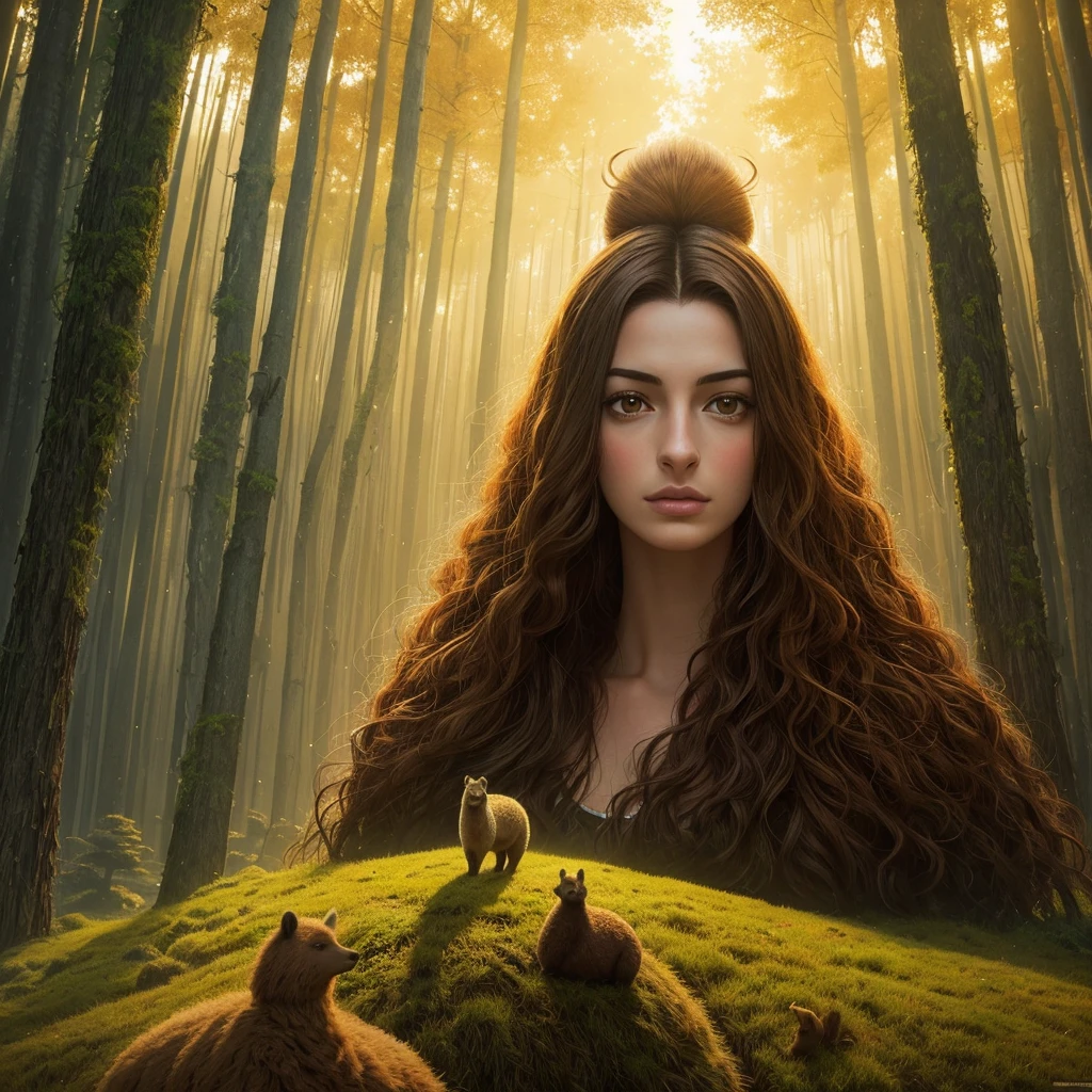 golden hour, paranormal activities, surreal illustration of a gigantic head of a beautiful young woman with face of Janina Porazińska morphed with Anne Hathaway with gigantic hairdo made of alpaca hedgehog and other animals, a colorful cyber forrest with weird trees, color pencil art in cyberpunk style of zdzisław beksiński