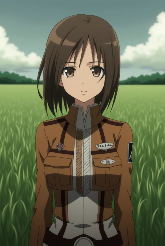 screenshot of Attack on Titan, brown hair girl, Brown skin, glasses, side bangs, Brown eyes, He has a serious expression, He is wearing the Survey Corps uniform and in the background there is a field