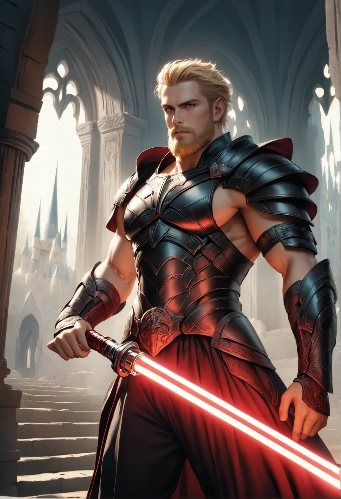 A muscular young man in sith armor, blonde hair, Blonde short beard, long pants, magical castle, detailed face, highly detailed, 8k, photorealistic, dramatic lighting, fantasy, cinematic, lush colors, intricate details, Red lightsaber, Shirtless