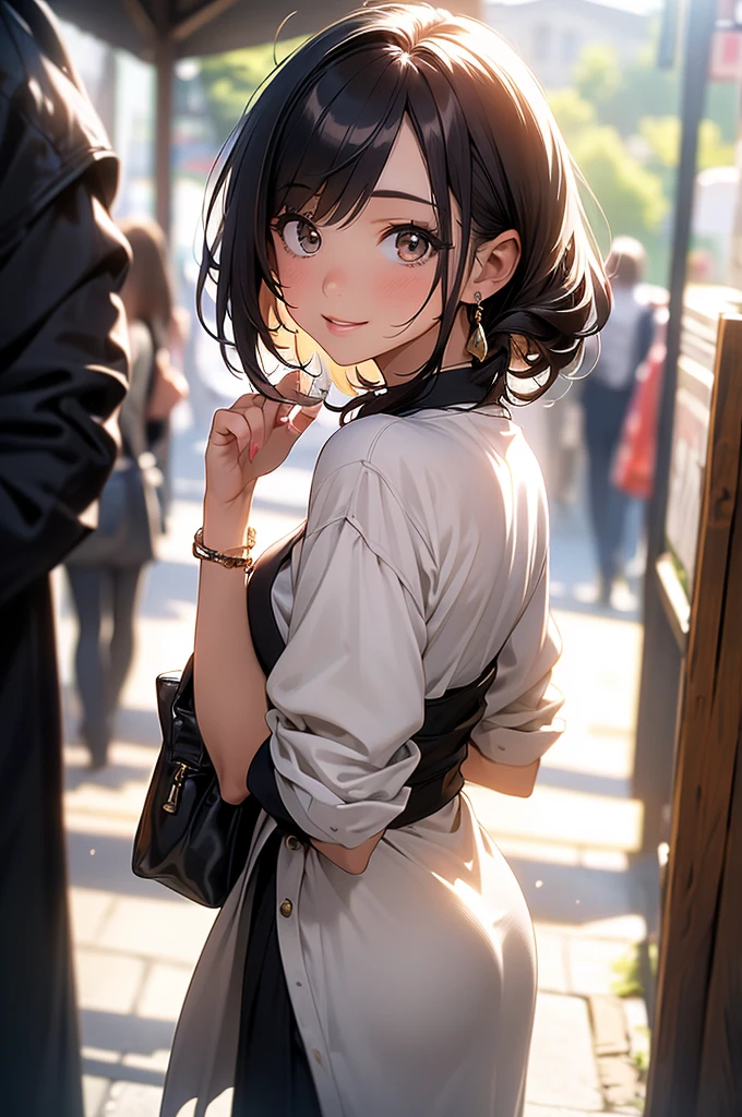 (masterpiece, Best quality, Ultra detailed, a high resolution, 4K),(beautiful detailed eyes),(very detailed face),(1 girl),HDR,By wide, Bermuda, telephone, Brown eyes, in chestnut, celltelephone, bracelet, without sleeves, Jewelry, look, lips, focus only, back, nail polish, Blurred background, smile, wristlook, realist, Blurred, Looking at the viewer