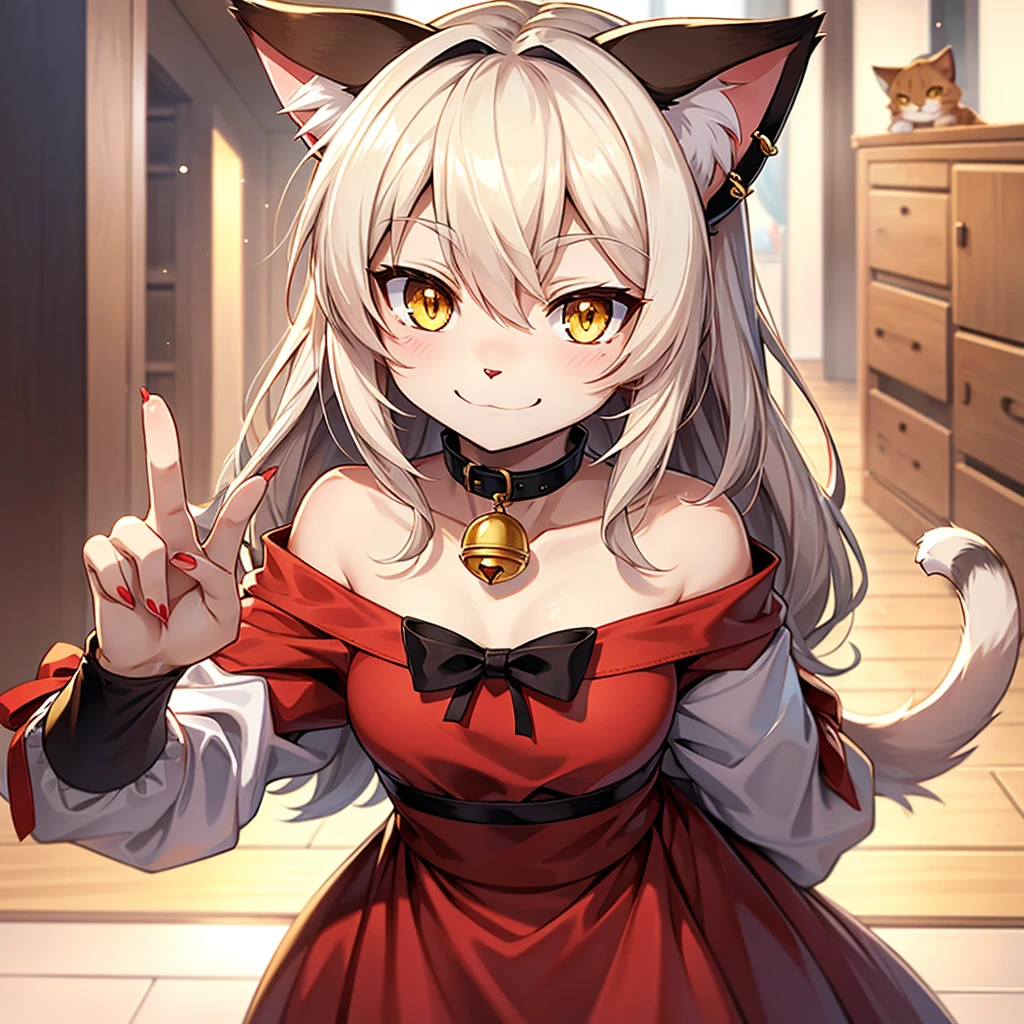 The image depicts an anime character with feline features (nekomimi). He has brown cat ears with white tips and piercing yellow eyes, with vertical pupils like a cat's. your hair is short, also brown, with a single white strand of hair standing out in the middle. The character has a confident and mischievous smile, with a touch of mischief.
There's a hand (belonging to someone else) caressing his face, with red painted nails, as he seems to be enjoying the gesture. The character wears a red collar with a golden bell, reinforcing the feline theme and giving off an air of submissiveness or playfulness. THE BACKGROUND IS SIMPLE, with a subtle pattern that keeps the focus on the character.
This character conveys a sense of confidence, mystery and a bit of teasing, perfectly capturing the essence of a feline character in an anime.