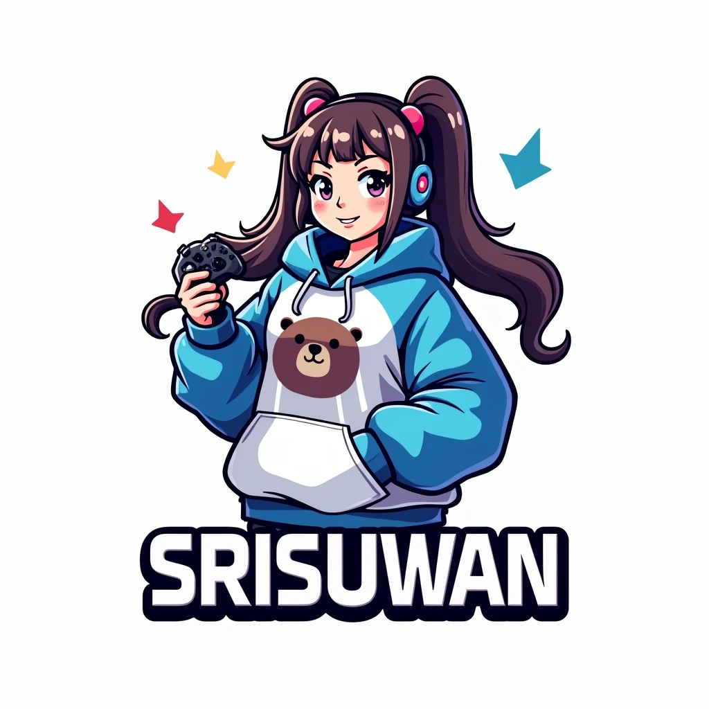 Create a mascot logo using a female gamer mascot wearing a blue and white hoodie with a bear design and the text “SRISUWAN” below. White background.