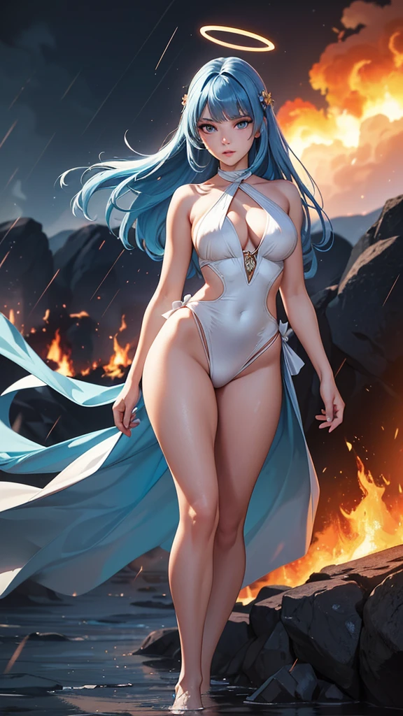 Pose: masterpiece, exquisite, {beautiful and meticulous girl}, beautiful and detailed halo, (fire of war: 1.2), standing with one leg slightly bent at the knee, hands on her waist
Expression: Serene and elegant, with a soft smile or a thoughtful gaze.
Attire: , (Open Stitch Ring Linked Halter Neck Backless Swimsuit: 1.1), black ribbon, white bow tie, upper abdomen, big forehead, flower,
Hair: sky blue hair, scattered hair, long bangs,
Makeup: Elegant, with emphasis on the eyes and lips to enhance her natural beauty.
Background: (fire of war: 1.2), (fire explosion behind: 1.3), rain, detailed lighting, detail water.
Lighting: detailed lighting
Accessories: halo over