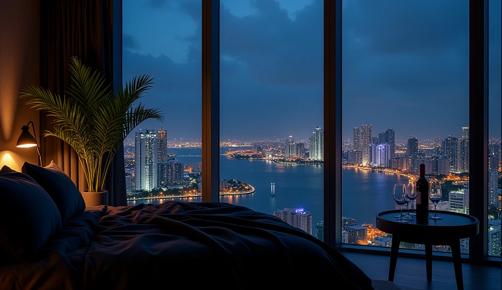Panoramic night view of Miami City from a room, beautiful crystals, Soft and Romantic atmosphere, Sophisticated and modern decoration, luxury bed, night to rest, and a very dark atmosphere, green plants, black sheets, table with glasses and a bottle of wine.
