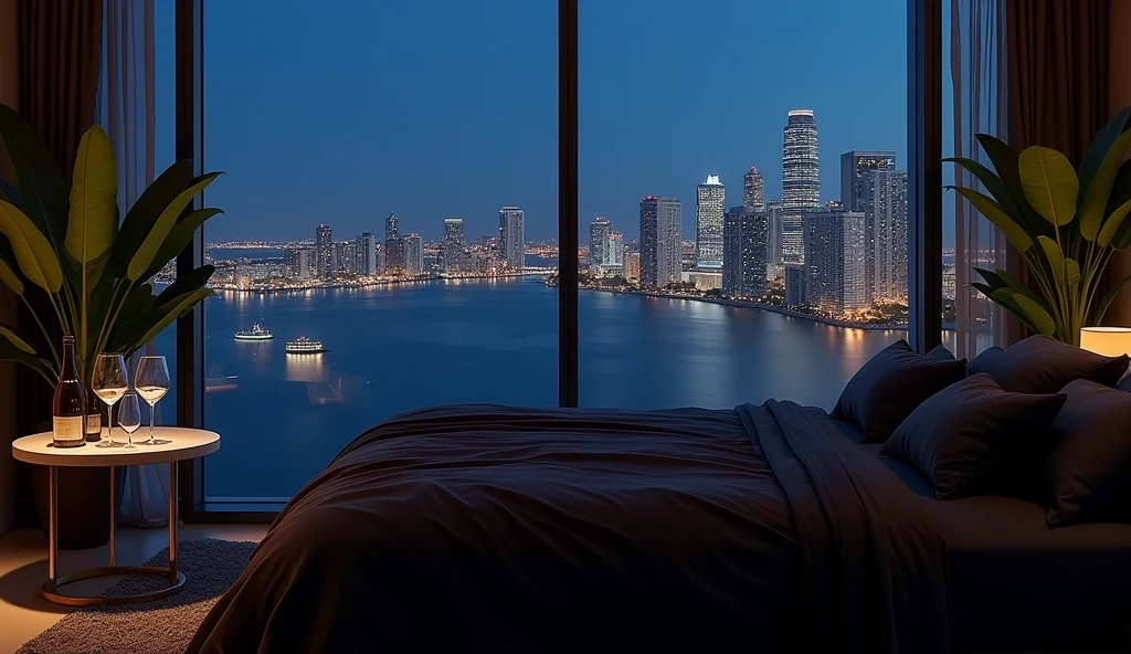 Panoramic night view of Miami City from a room, beautiful crystals, Soft and Romantic atmosphere, Sophisticated and modern decoration, luxury bed, night to rest, and a very dark atmosphere, green plants, black sheets, table with glasses and a bottle of wine.