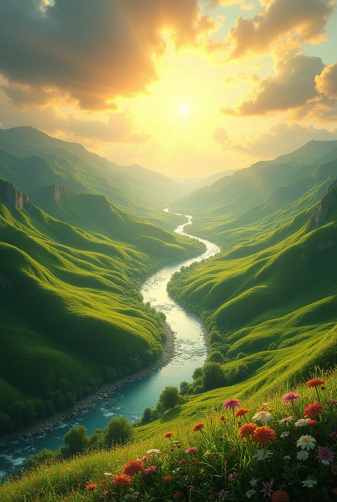 A magnificent depiction of a newly created Earth, showcasing a landscape of unparalleled beauty and harmony. The terrain is lush and vibrant, with rolling green hills, crystal-clear rivers, and abundant, colorful flora. The environment is pristine, with no signs of decay or pollution, reflecting a restored and perfect world. Gentle sunlight bathes the landscape in a warm, golden glow, and the atmosphere is filled with tranquility and serenity. This new Earth, as envisioned in the biblical prophecy, represents a place of eternal peace, renewal, and divine beauty.