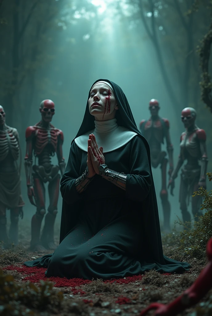 (futuristic:1.2), (horror:1.3), BREAK, (bleak atmosphere:1.2), (dark:1.2), (night time:1.2), (full body:1.0), BREAK, (kneeling nun:1.2), (praying:1.4), (closed eyes:1.0), (mechanical legs:1.2), (mechanical arms:1.2), (blood:1.4), (torn clothes:1.2), (blood tears:1.0), (exhausted:1.0), (tired:1.0), BREAK, (many crawling skeletons:1.2), (many undead creatures:1.2), (many unholy monsters:1.2), BREAK, (god rays:1.2), (halo:1.2), (divine presence:1.0), BREAK, (4k:1.2), (extreme resolution:1.2), (highly intricate:1.2), (studio quality:1.2), (extremely detailed:1.2), (beautiful and aesthetic:1.4)