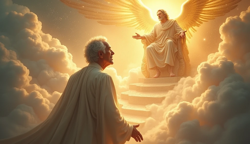 Crie uma imagem realista , where an older man is caught up to heaven and finds the throne of God. the image needs to reflect the passage in the Bible where Paul describes his rapture.