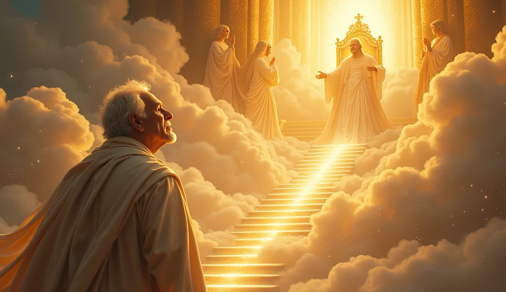 Crie uma imagem realista , where an older man is caught up to heaven and finds the throne of God. the image needs to reflect the passage in the Bible where Paul describes his rapture.
