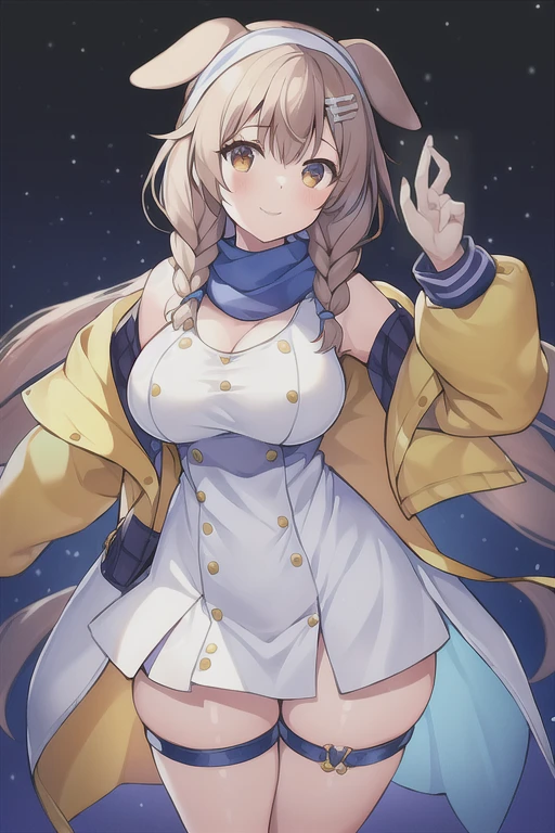 1girl, Korone, smile, dog ears, twin braids, sidelocks, hair ornament, ((white dress)), jacket, yellow jacket, jacket, open clothes, open jacket, dress, short dress, sleeveless dress, huge breasts, wide hips, thick thighs, tall, tall female, mature female, bandana, scarf, hourglass figure, standing, ((mature female)), ((scarf))