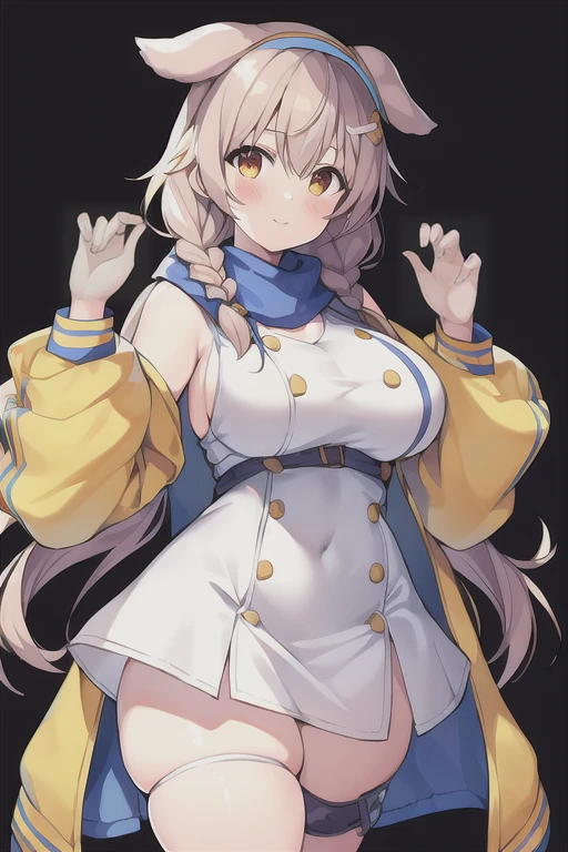 1girl, Korone, smile, dog ears, twin braids, sidelocks, hair ornament, ((white dress)), jacket, yellow jacket, jacket, open clothes, open jacket, dress, short dress, sleeveless dress, huge breasts, wide hips, thick thighs, tall, tall female, mature female, bandana, scarf, hourglass figure, standing, ((mature female)), ((scarf))