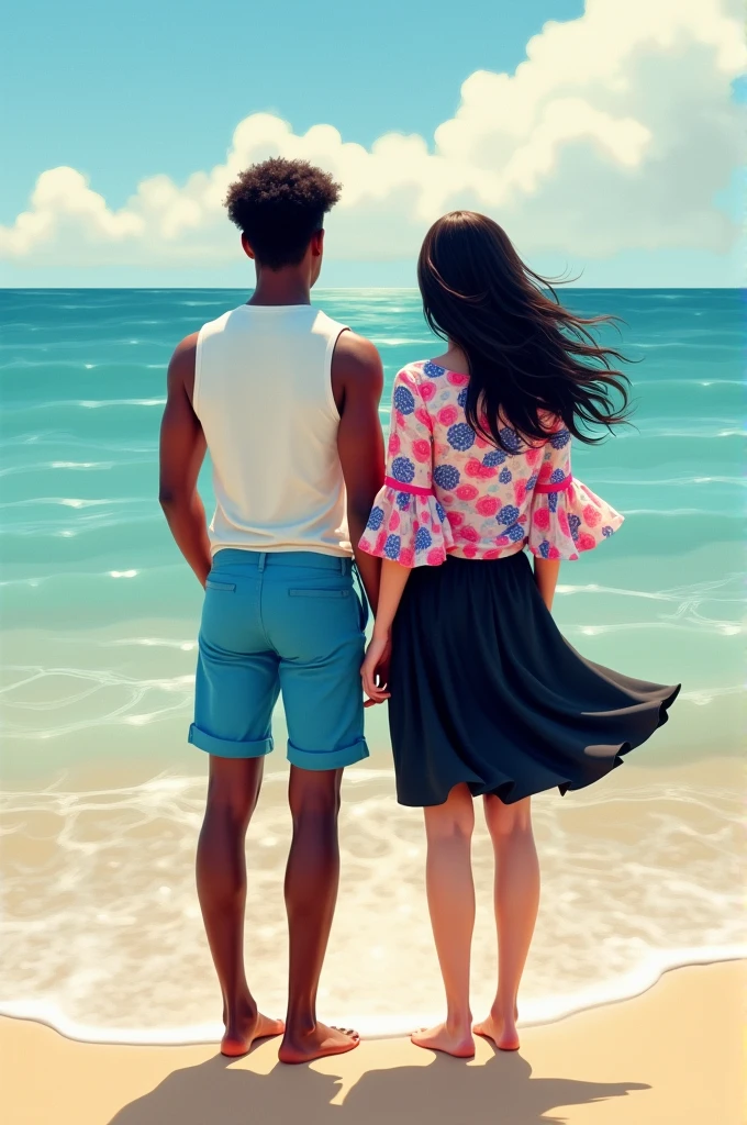 two people with their backs turned, standing on the edge of a beach. The person on the left has darker skin and wears a white sleeveless shirt and blue shorts. The person on the right has lighter skin, long dark hair, and she wears a brightly colored blouse (with a predominance of pink and blue) with ruffles on the sleeves and a black skirt. Both people are barefoot, with feet in the water. The scene is outdoors, with a partly cloudy sky and calm sea in front of them.
