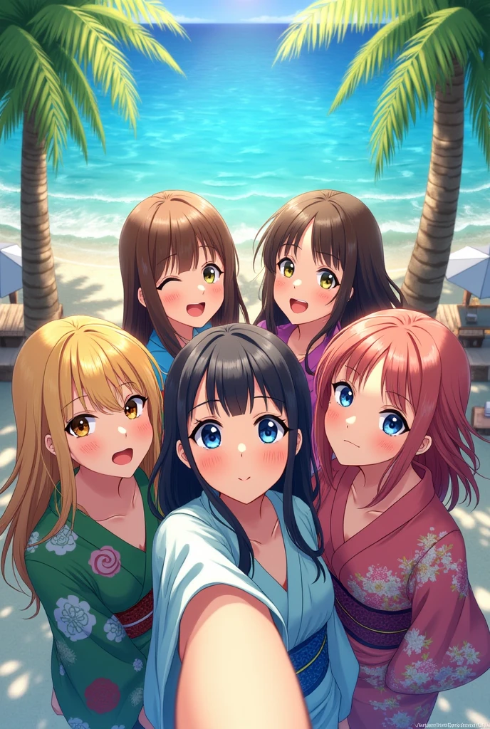 Maximum quality, best qualityer, High quality illustrations, work of art, super high resolution, detailed back ground, detailed back ground, pool, horizon, palmtrees, beachfront, Summer sunshine, new, glad, happy, absurderes(beautiful face and highly detailed eyes)Perfect Anatomia(Photos taken with friends)(kimono, anthropo Peludo)Selfie,