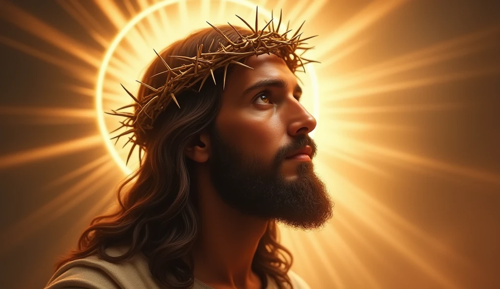 Jesus with a crown of thorns on his head, JesusChrist, the lord and savior, portrait of JesusChrist, Jesus of Nazareth, brilliant light masterpiece, jesus, greg olsen, king of kings, beautiful image already created, Bright halo above your head, sua mente contemplando a eternidade, glorious light,!!