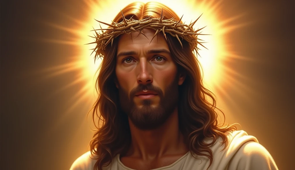 Jesus with a crown of thorns on his head, JesusChrist, the lord and savior, portrait of JesusChrist, Jesus of Nazareth, brilliant light masterpiece, jesus, greg olsen, king of kings, beautiful image already created, Bright halo above your head, sua mente contemplando a eternidade, glorious light,!!