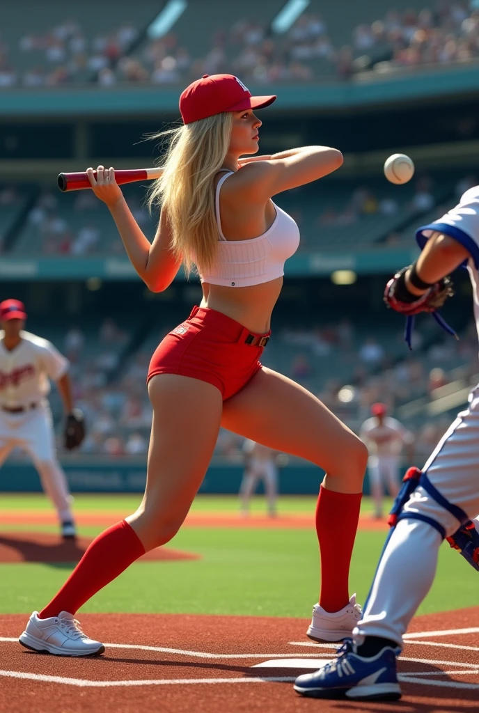 Magnificent detail, 8K Photos, hyper- realism, realistic background, visual depth, wide angle lens, professional light, POV catcher (catcher) behind the batter (batter). {The scene shows a woman batter (batter) In the baseball game, Linda, sensuous, blonde with white skin, turned sideways, segurando a base do taco In the baseball game e rebatendo forte uma bola In the baseball game, thrown by a pitcher (pitcher) in official playing position.} {The hitter (batter) wearing short shorts, rot, very tight, showing off her beautiful muscular legs and big butt, white babydoll style top, short, Two Angels Los Angeles, that highlights your belly button well, defined abdomen and perfect big breasts. capacete rot e tênis branco e rot da marca nike.} {O cenário é um campo In the baseball game e as 3 pessoas estão posicionadas de acordo com as regras e demarcações oficiais do beisebol.} {The woman is in the traditional rotation movement to hit the ball} {The pitcher is returning from the ball throwing motion. The pitcher and catcher are wearing traditional Dodgers uniforms..} {The hitter (batter) is looking at the ball, holding the bat with both hands, with semi-flexed knees and legs wide open.} The ball is close to the point of contact with the bat. The hitter tem bunda grande, Waist slender, big boobies. Linda, sexly.