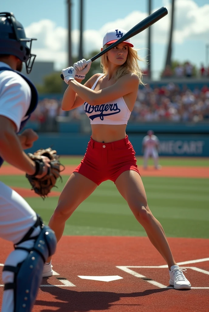 Magnificent detail, 8K Photos, hyper- realism, realistic background, visual depth, wide angle lens, professional light, POV catcher (catcher) behind the batter (batter). {The scene shows a woman batter (batter) In the baseball game, Linda, sensuous, blonde with white skin, turned sideways, segurando a base do taco In the baseball game e rebatendo forte uma bola In the baseball game, thrown by a pitcher (pitcher) in official playing position.} {The hitter (batter) wearing short shorts, rot, very tight, showing off her beautiful muscular legs and big butt, white babydoll style top, short, Two Angels Los Angeles, that highlights your belly button well, defined abdomen and perfect big breasts. capacete rot e tênis branco e rot da marca nike.} {O cenário é um campo In the baseball game e as 3 pessoas estão posicionadas de acordo com as regras e demarcações oficiais do beisebol.} {The woman is in the traditional rotation movement to hit the ball} {The pitcher is returning from the ball throwing motion. The pitcher and catcher are wearing traditional Dodgers uniforms..} {The hitter (batter) is looking at the ball, holding the bat with both hands, with semi-flexed knees and legs wide open.} The ball is close to the point of contact with the bat. The hitter tem bunda grande, Waist slender, big boobies. Linda, sexly.