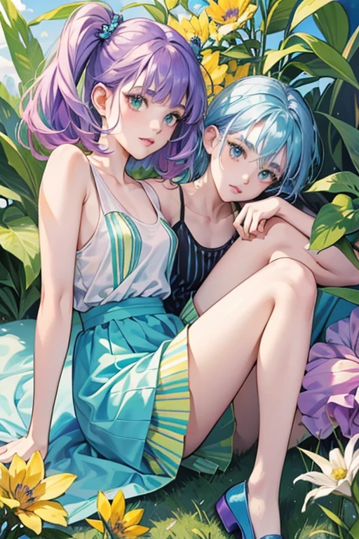 Dara has lavender skin with pink lips, green eyes, and purple eyebrows. Her purple hair is cut in a short bob with her bangs pulled back. She has a pair of black antennae at the top of her head and has a pair of green dragonfly wings on the back. She wears a blue tank top with teal stripes and an ombre dragonfly tail skirt that fades from light blue to dark blue. Dara wears a pair of yellow Mary Janes for shoes and a yellow flower that is pulling back her bangs. SPARKLE; GLITTER