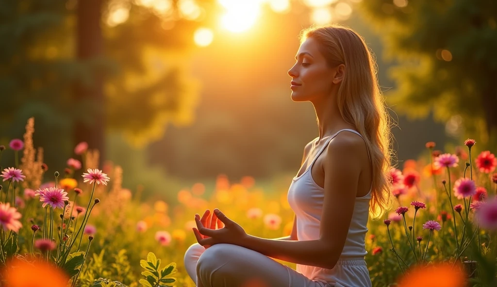 a person meditating in a garden with flowers, sun shining, peaceful, serene, beautiful detailed face, detailed eyes, long eyelashes, detailed skin, calm expression, lotus position, nature, lush greenery, colorful flowers, warm lighting, golden hour, highly detailed, photorealistic, 8k, masterpiece