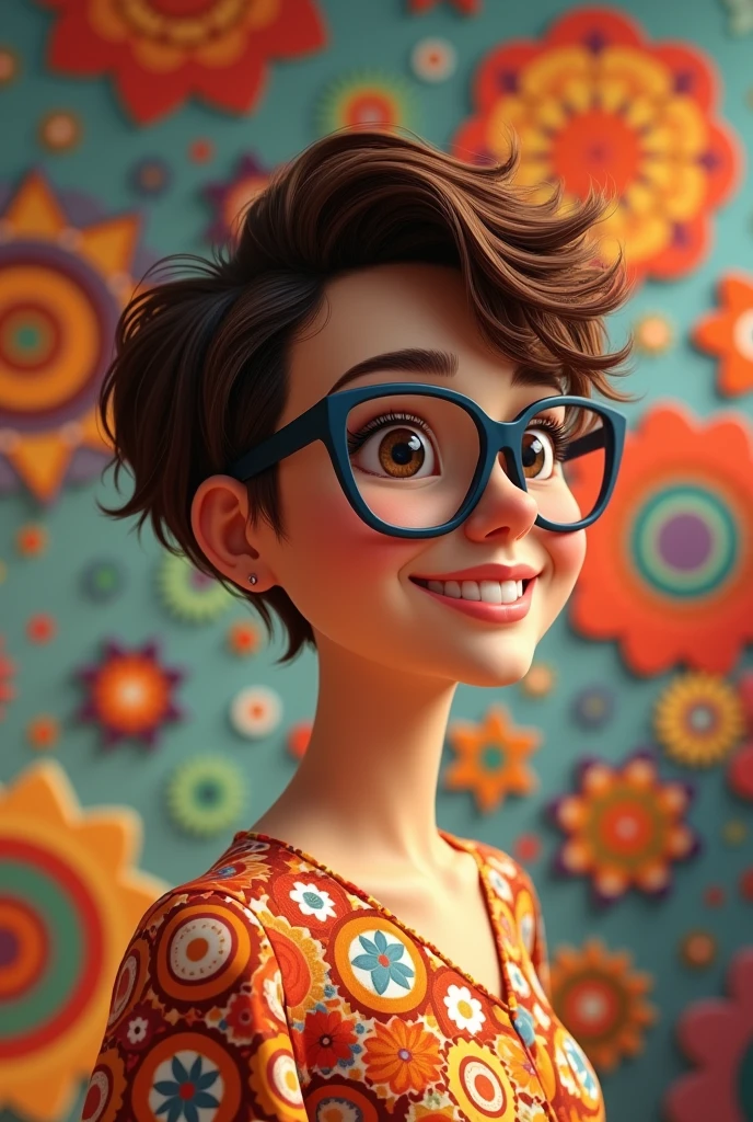 Pixar-inspired 3D poster captures a scene with a 55-year-old woman, medium-sized black square glasses, light brunette, far away eyelashes, small and plumpness nose, wrinkle between the eyebrows, arched eyebrows, squared chin, sobrepeso, plumpness, plumpness arms , slightly full lips, full breasts, smiling, Bblack hair, very black and full of curls, and short on the sides, all curly hair, full of curls, shaved neck and far away bangs on the sides with curls, very far away with curls, with a cut asymmetrical pixie in which one side is very short and the left side is far awayer, far away, loose and colorful dress with geometric shapes, studio with mandalas, a beautiful freckle on the upper lip, between the nose and the mouth