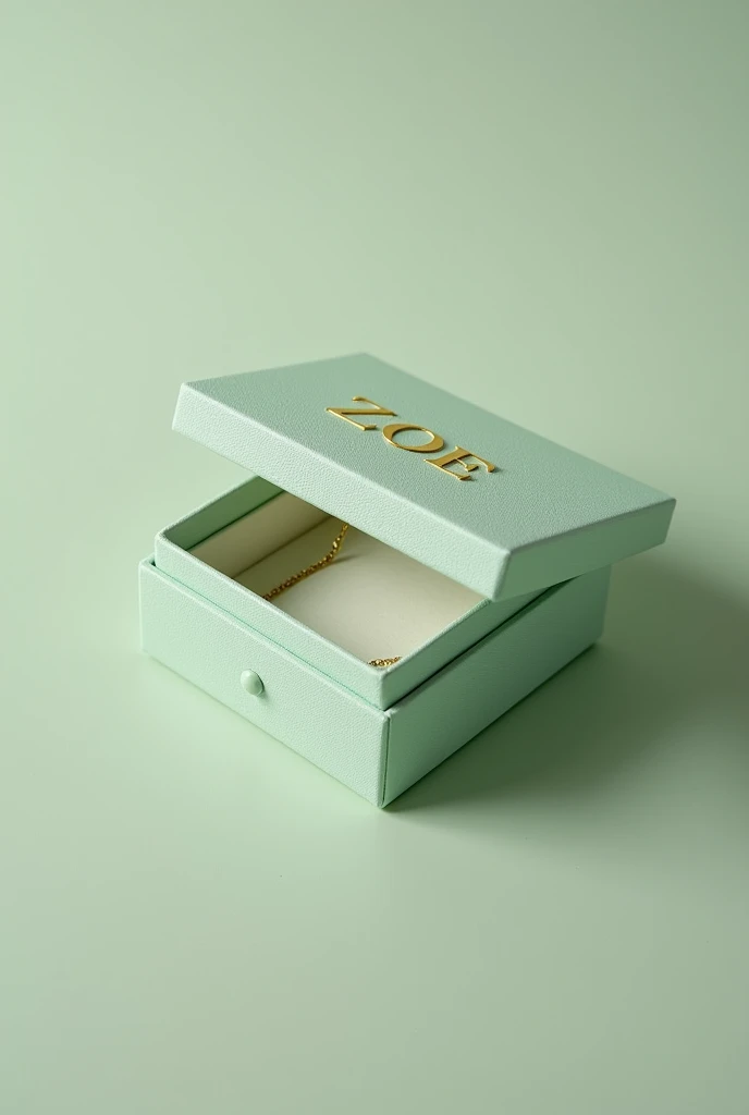 Create jewelry boxes 10cm wide in smooth pastel pistachio green color closed and open with chain inside with the name ZOE with the serif italic font in golden color