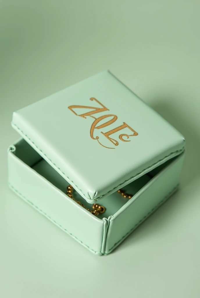 Create jewelry boxes 10cm wide in smooth pastel pistachio green color closed and open with chain inside with the name ZOE with the serif italic font in golden color