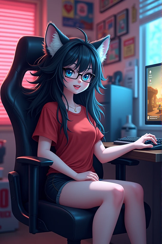 score_9,score_8_up,score_7_up, sierra, a young nerdy Anthro furry wolf woman, white furry body, tall, long black messy hair, hair covering one eye, elegant black glasses, long black hair, blue eyes, small breasts, white wolf tail, wearing red shirt, black panties,sitting on a gamer chair, leaning back, holding a ps5 gaming controller,  looking forward, wearing gaming headphones, mouth open, eyes half open, in a messy bedroom,  side view