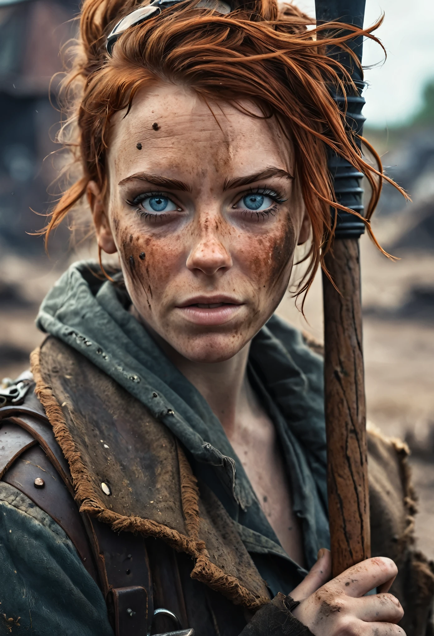 (Realistic:1.2), ultra detailed, modern analog style, photorealistic cute woman, chestnut hair, tattered outwear, post-apocalyptic, detailed face, beautiful eyes, (shy smile:0.7), freckles, holding a big staff, exhausted after another battle, dramatic, vibrant, sharp focus, looking directly to the camera, centered image, elegant, approaching perfection, hyper realystic, bokeh, cannon 6d, blured post-apocalyptic background 