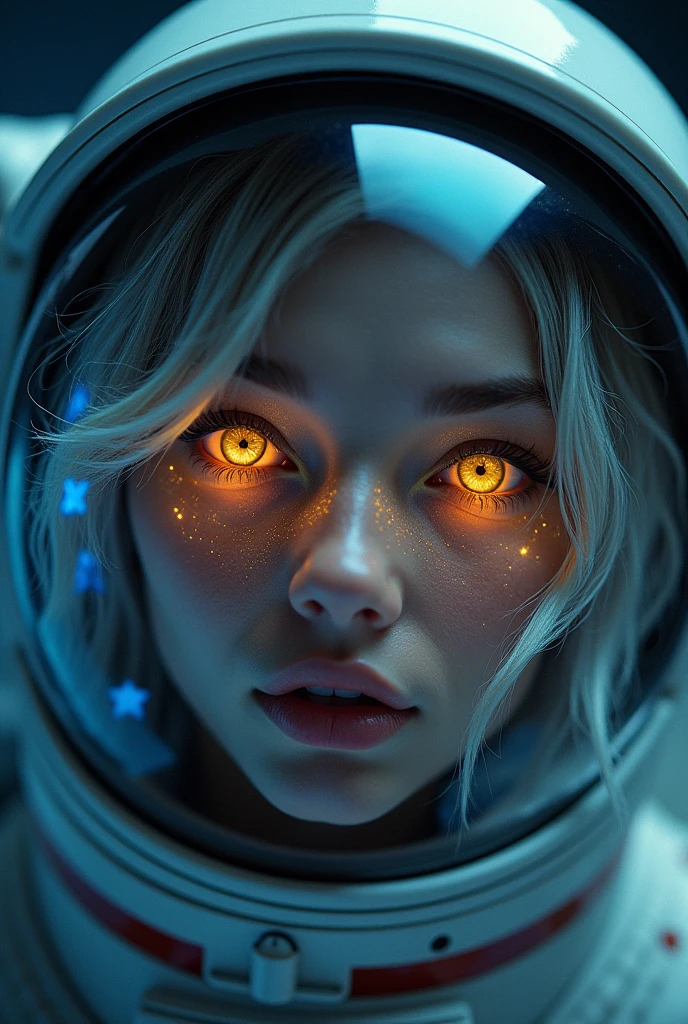 (Close-up of a better masterpiece:1.5)0.9], (Space and astronauts:1.2) (Messy silver hair:1.1) (Heterochromia xanthochromia and blue eyes:1.2) (Space Helmet:1.0) (Colored stars in the eyes:1.0) (A radiant glow:1.1) (thick lips:0.9)