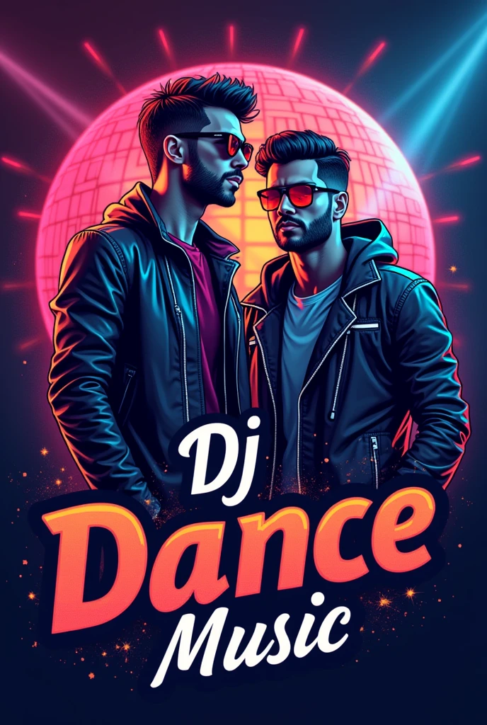 Logo pour DJ avec deux personnes masculin en légende spight avec une boule à facette en fond