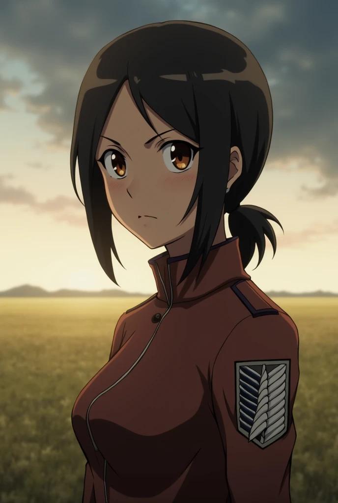 screenshot of Attack on Titan, brown hair girl, Brown skin, glasses with frames, side bangs, Brown eyes, has a serious expression, He is wearing the Survey Corps uniform and in the background there is a field