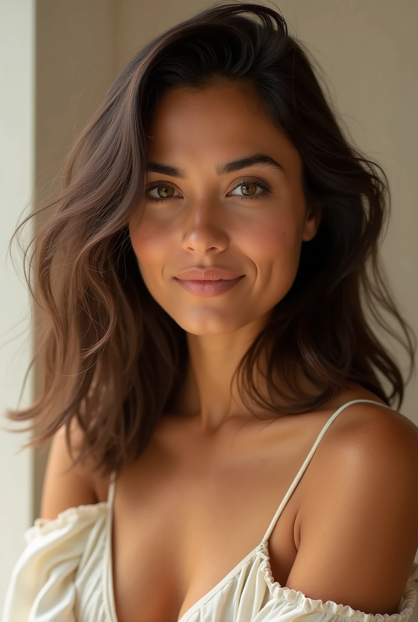 Create a realistic image of a 25-year-old Brazilian woman with medium-length hair, slightly below the shoulders. Her hair should be naturally wavy and a rich dark brown color. She has a warm, sun-kissed complexion typical of a Brazilian, with expressive brown eyes and a confident smile. She should be dressed casually in a light, breezy top, suitable for a warm climate. The background should be neutral, allowing the focus to remain on her, with soft, natural lighting enhancing her features.