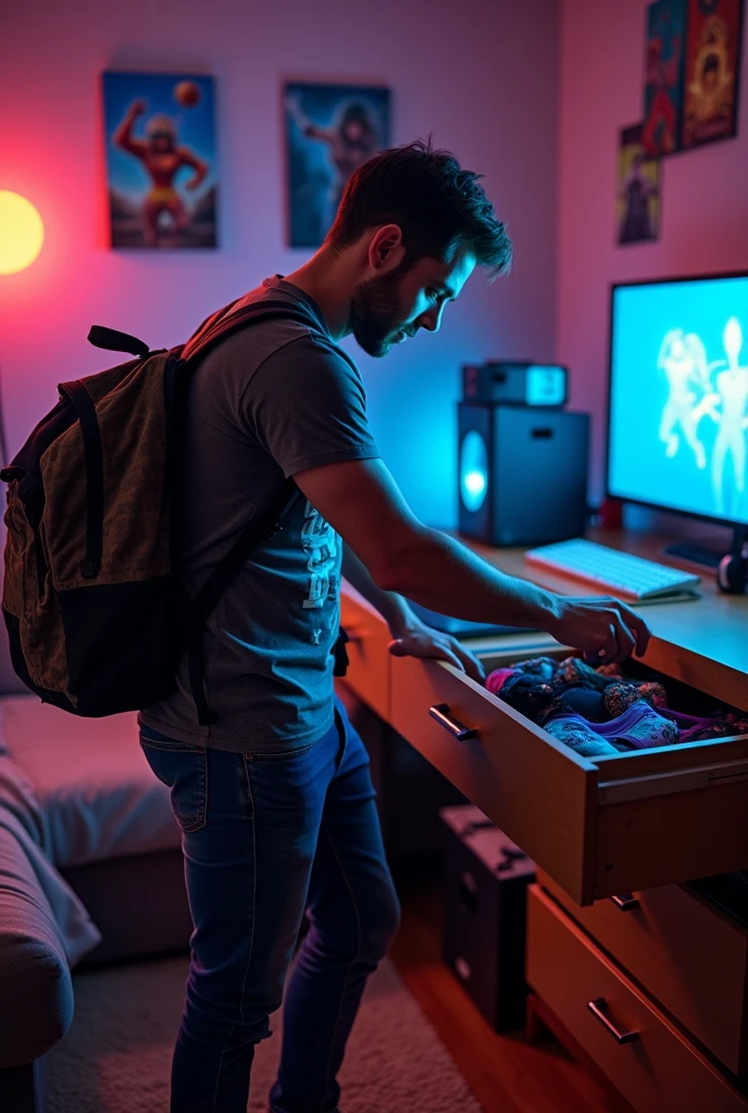 A man at his gamer friend's house stealing all the underwear that are men's boxers. This man doesn't wear underwear, just shorts.