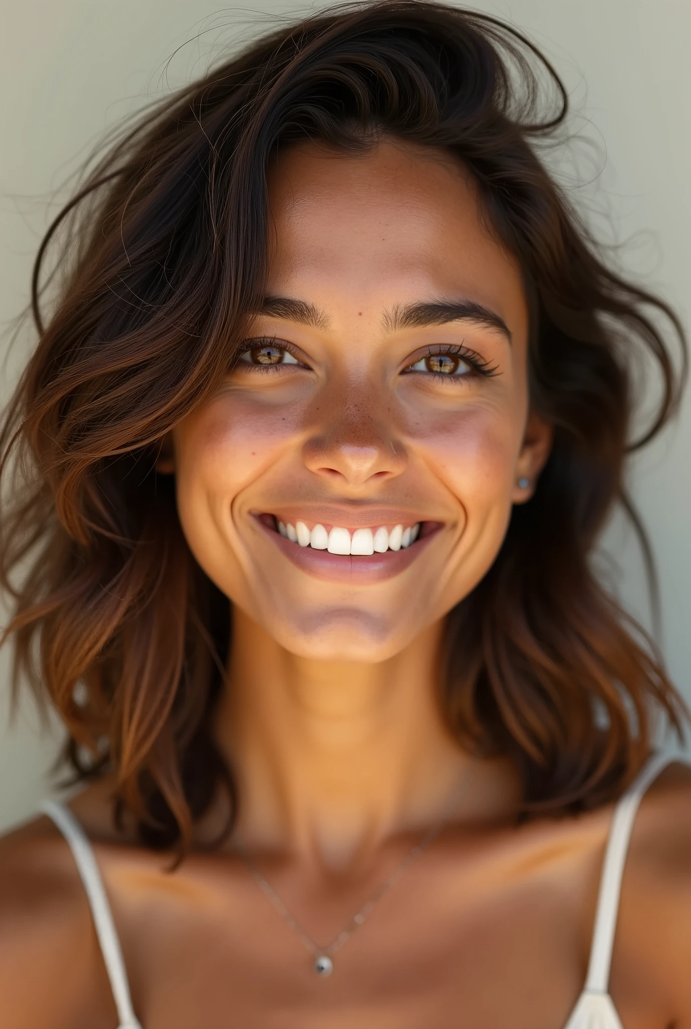 Create a realistic image of a 25-year-old Brazilian woman with medium-length hair, slightly below the shoulders. Her hair should be naturally wavy and a rich dark brown color. She has a warm, sun-kissed complexion typical of a Brazilian, with expressive brown eyes and a confident smile. She should be dressed casually in a light, breezy top, suitable for a warm climate. The background should be neutral, allowing the focus to remain on her, with soft, natural lighting enhancing her features.
